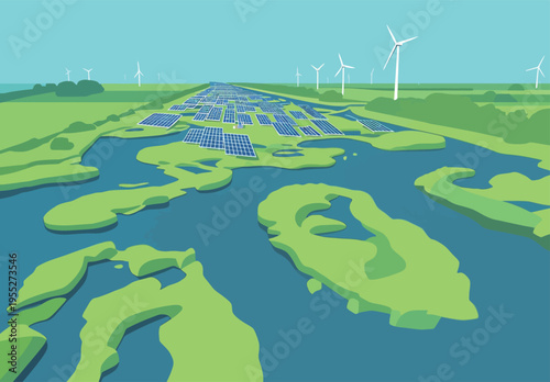 Solar panels and wind turbines generate renewable energy on a river landscape in a clear sky setting