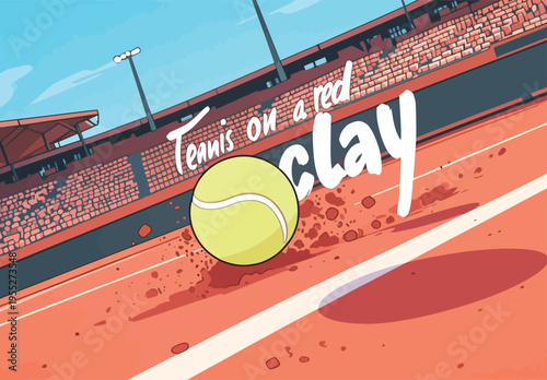 Tennis match takes place on a red clay court during a sunny day with empty stands and a bright yellow ball in motion