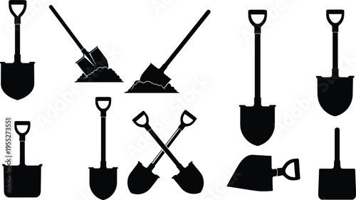 Shovel and spade silhouettes set with digging tools in soil, garden equipment icons for landscaping and construction isolated on white background vector illustration