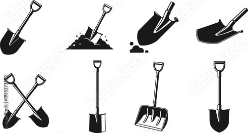 Shovel silhouettes collection with digging spade snow shovel crossed tools and soil elements isolated on white background for construction gardening and landscaping design use