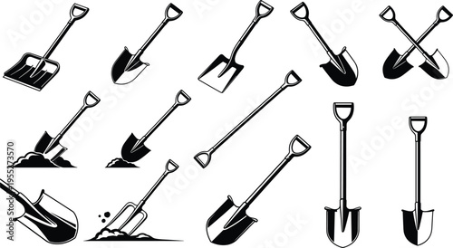 Shovel silhouettes collection including digging spade garden shovel crossed tools and soil digging scenes isolated on white background for construction landscaping and gardening design use
