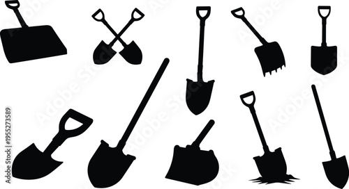 Shovel silhouettes collection with various spade designs, digging tools and garden equipment icons, construction and landscaping elements isolated on white background vector set