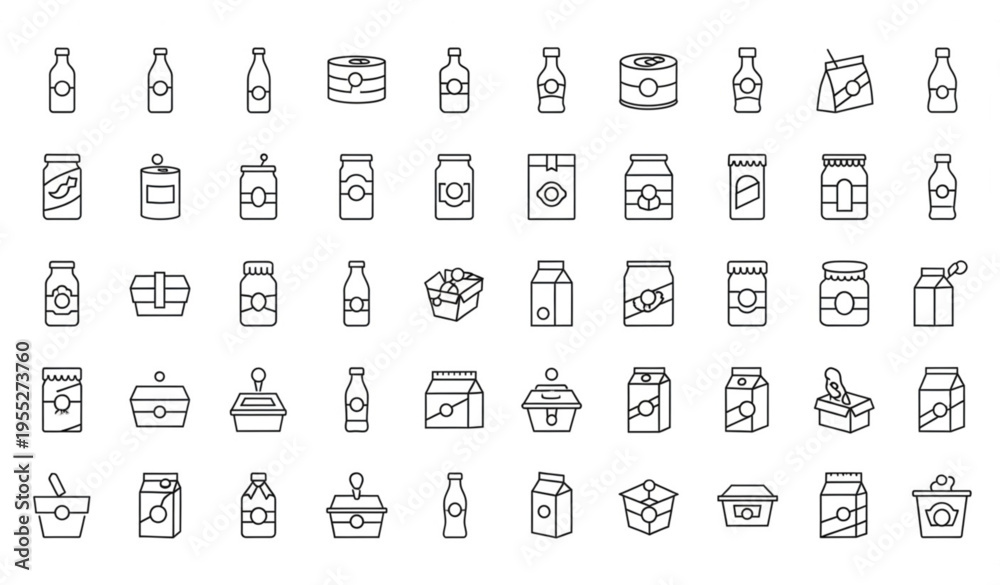 Fototapeta premium 50 Linear Dot Food Packaging Icons Set — Bottles Boxes Cans Vector Collection