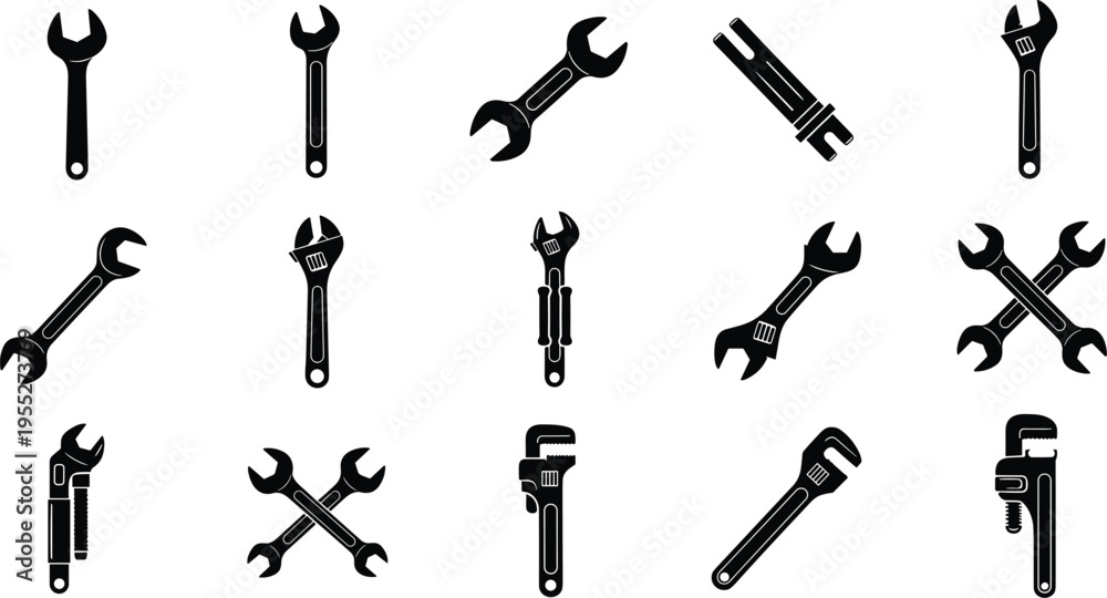 Obraz premium wrench, spanner, tools, adjustable, pipe, open‑end, mechanical, repair, maintenance, hardware, silhouette, vector, icon, equipment, industrial