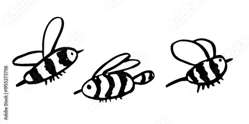 Set of hand drawn happy funny cute honey bee clipart Adorable flying striped insect friendly kawaii bumble bee For kids print, web, design, decor, logo