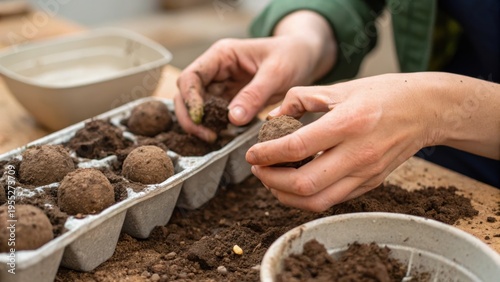 Hands forming seed balls with soil and seeds on a wooden table, using an egg carton as a container for the seed balls.