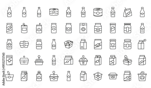 50 Linear Dot Food Packaging Icons Set — Bottles Boxes Cans Vector Collection
