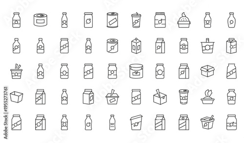 50 Linear Dot Food Packaging Icons Set — Bottles Boxes Cans Vector Collection
