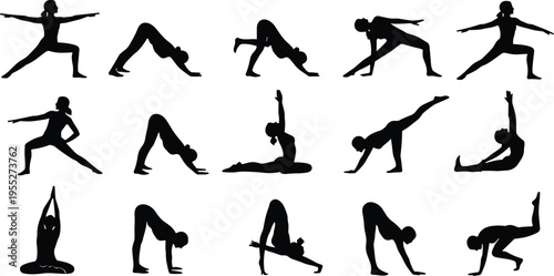Yoga pose silhouette set with women performing stretching, balance and meditation exercises including warrior pose, bridge pose and flexibility training isolated on white background