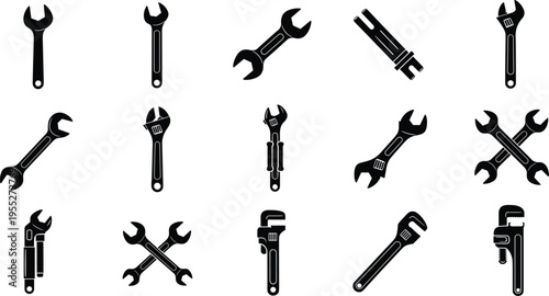 wrench, spanner, tools, adjustable, pipe, open‑end, mechanical, repair, maintenance, hardware, silhouette, vector, icon, equipment, industrial