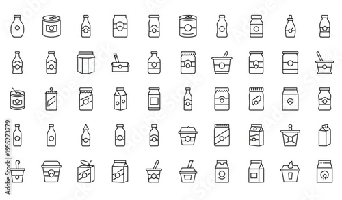 50 Linear Dot Food Packaging Icons Set — Bottles Boxes Cans Vector Collection