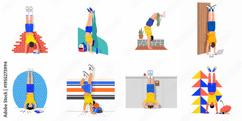 Fototapeta premium Collection of flat vector illustrations featuring a young boy performing handstands and headstands in various diverse settings and athletic activities.