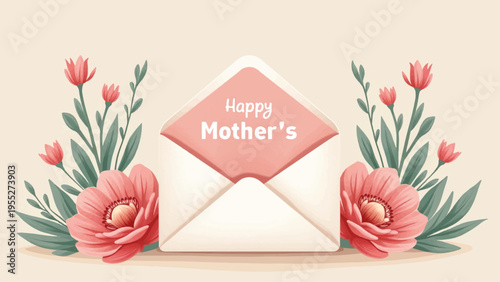 Vector Mother's Day greeting card with flowers and envelope