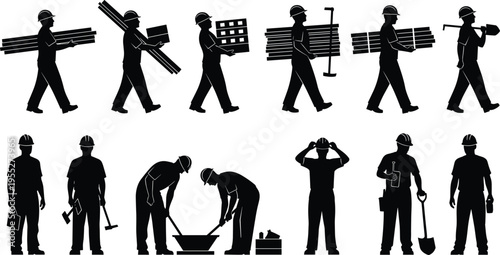 Construction workers silhouettes, carrying tools materials, industrial labor team, hard hat builders, equipment job site workforce industry icons isolated set