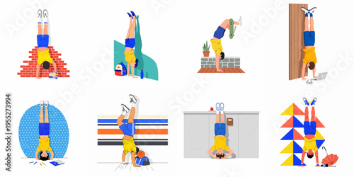Collection of flat vector illustrations featuring a young boy performing handstands and headstands in various diverse settings and athletic activities.