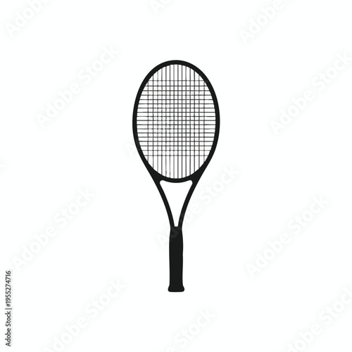 Black silhouette of a tennis racket with a strung oval head and handle