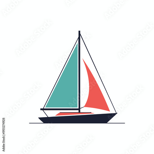 Simplified illustration of a dark hull sailboat with teal and coral sails
