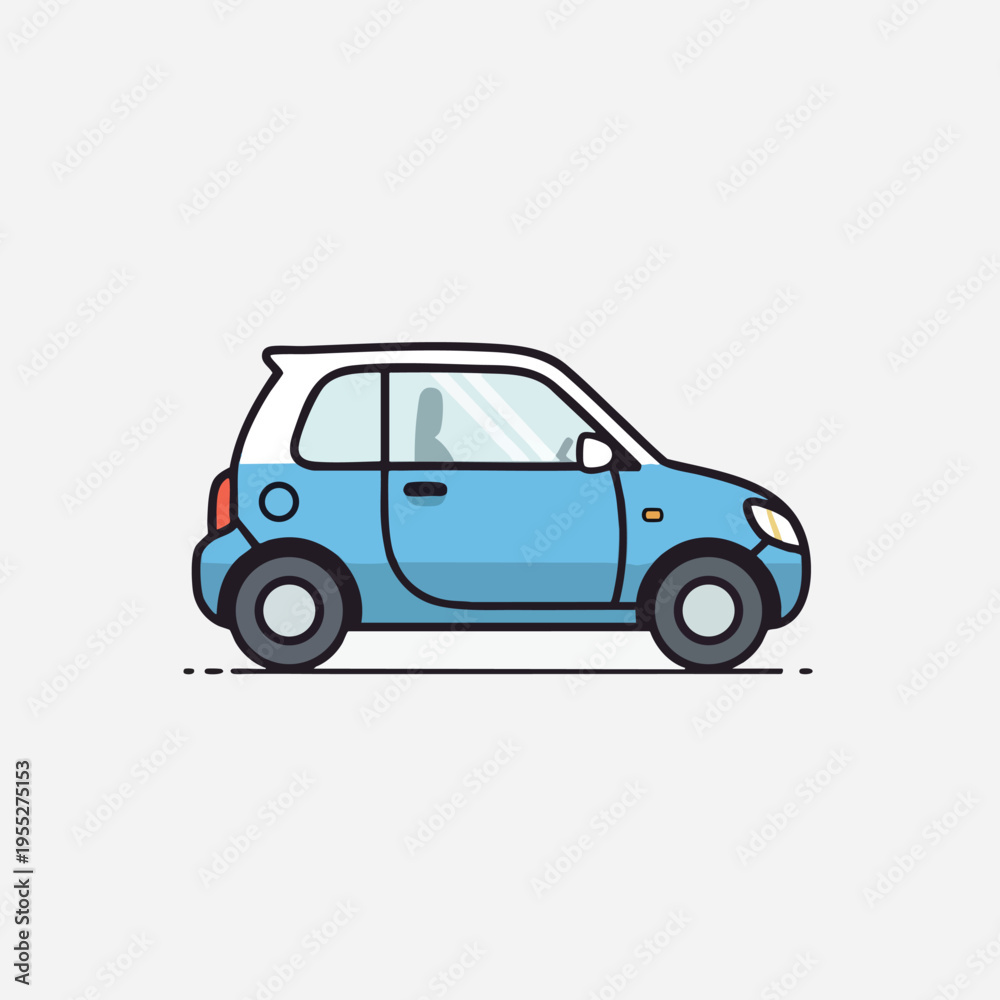 Fototapeta premium Simple blue and white cartoon car with black outlines on a gray background