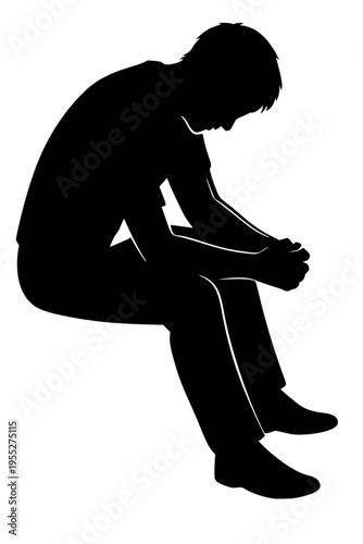 Minimalist vector silhouette of a man sitting in a contemplative or prayerful pose. This high-contrast black illustration features clean lines and a somber, reflective mood, ideal for conceptual theme
