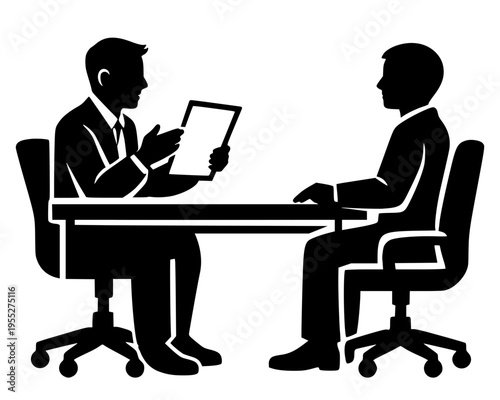 Minimalist vector silhouette of a professional job interview or business consultation. Two men in suits discussing a document at a desk, ideal for corporate and recruitment themes.