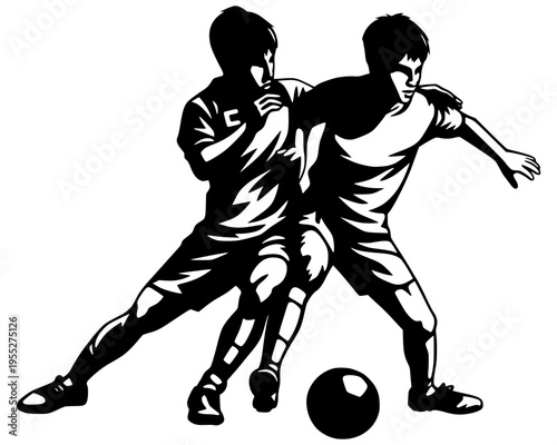 Action-packed vector silhouette of two soccer players battling for ball possession. This high-contrast black illustration captures dynamic movement and athletic competition, perfect for sports brandin
