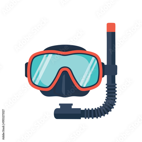 Flat illustration of a dark blue diving mask with a coral orange rim and turquoise lens, and a matching snorkel