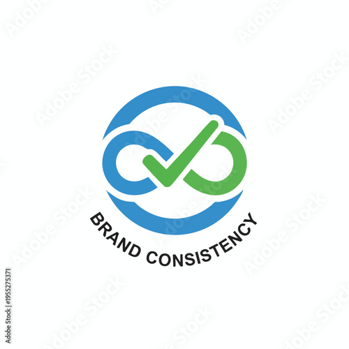 Blue and green infinity symbol with a checkmark, "brand consistency" text