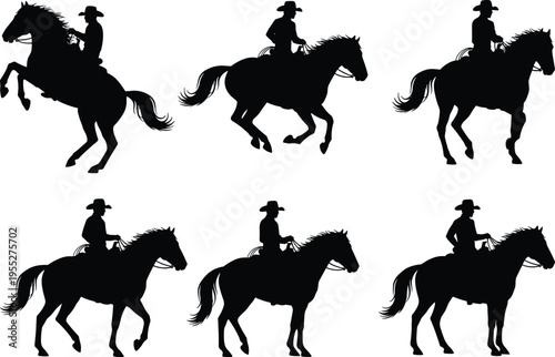 Cowboy riding horse silhouettes set in different poses western ranch vector illustration isolated on white background for rodeo and country theme