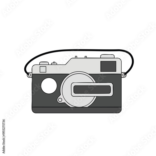 A gray and silver vintage-style camera with a black strap is depicted