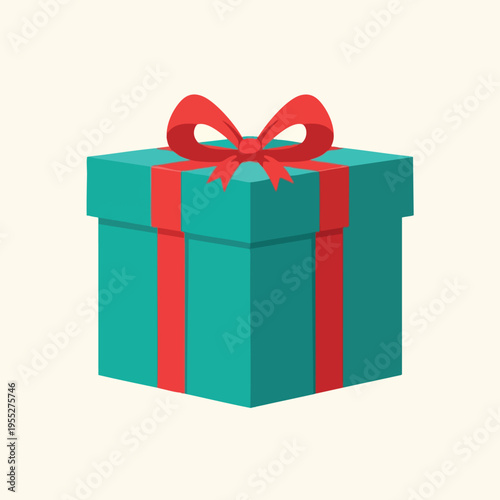 Teal gift box with red ribbon and bow, on light cream background
