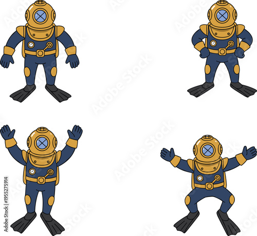 Cartoon vintage deep sea diver character set with classic diving suit helmet poses, underwater explorer mascot illustration isolated on white background