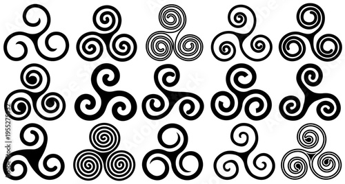 set triskele icon collection. Triskelion symbol tribal ornaments. triple spiral sign. Celtic knot logo design vector illustration