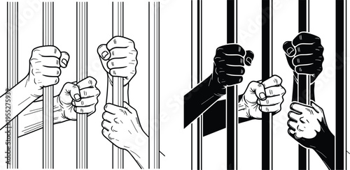 Prison bars with hands silhouettes, incarceration concept, justice system, imprisonment restriction, human rights, crime punishment, detainee freedom limitation illustration