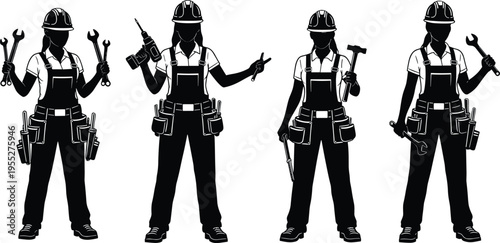 Female construction worker silhouettes with tools, engineer technician, handyman builder concept, industry labor workforce, maintenance repair service, empowerment illustration