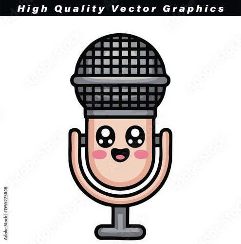 Charming vintage style microphone mascot with large expressive eyes and rosy cheeks stands ready for vocal performance on a white backdrop.