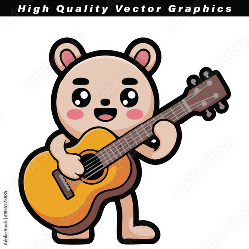 Adorable cartoon bear cub happily plays an acoustic six-string guitar while smiling broadly with rosy cheeks in a simple graphic style.