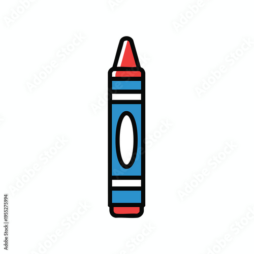 A red and blue crayon with a white stripe and oval label is shown