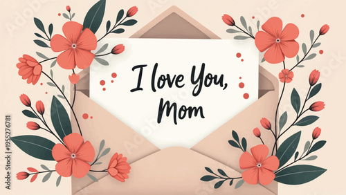 Vector illustration of Mother's Day card with flowers and envelope