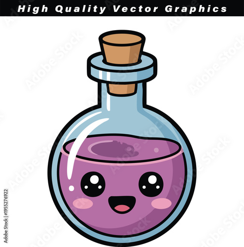 A cute cartoon potion bottle illustration with a happy smiling face and purple liquid inside it