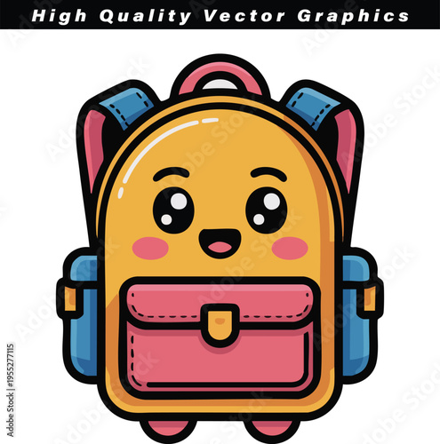 Bright yellow and pink child's travel backpack featuring a happy cartoon face with side pockets and adjustable blue straps suitable for school use.