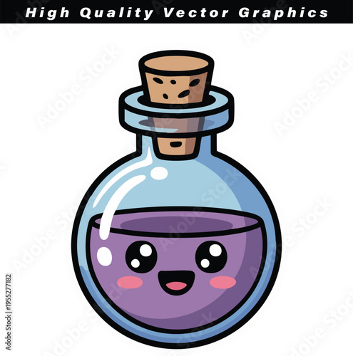 Charming illustration of a sealed glass vial containing vibrant purple liquid, featuring a smiling kawaii face design perfect for game assets.