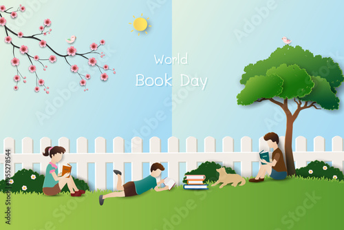 World book day with children read books on beautiful garden,back to school,Education concept