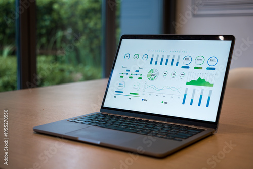 Принти на полотні Laptop displaying financial data charts and analytics dashboard on screen