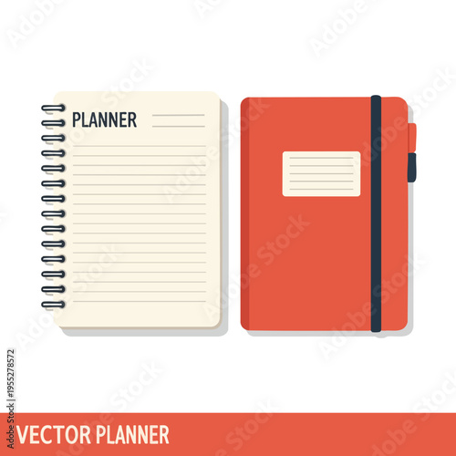 Two notebooks, one spiral-bound with "PLANNER" text, the other red with elastic band