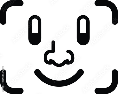 Solid silhouette vector black face ID scan icon, biometric facial recognition technology symbol, minimalist digital security verification, isolated human head outline with camera focus frame.