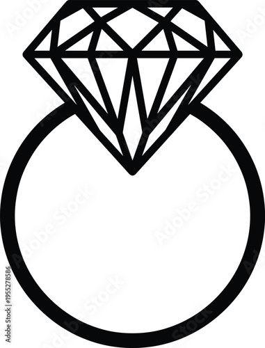 Diamond ring icon, engagement jewelry symbol, wedding marriage luxury graphic, brilliant gemstone sparkle, elegant bridal accessory isolated line art
