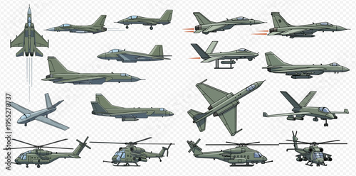 Collection of military aircraft and helicopters in various views, including fighter jets, bombers, and transport planes, isolated on a transparent background.