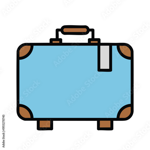 A blue suitcase with brown accents and a handle