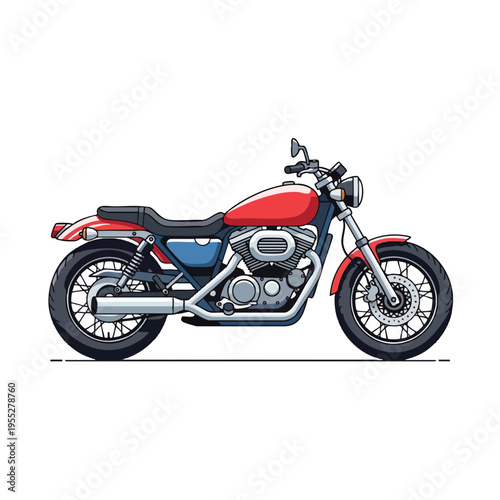 Classic red and blue motorcycle with chrome accents on a white background