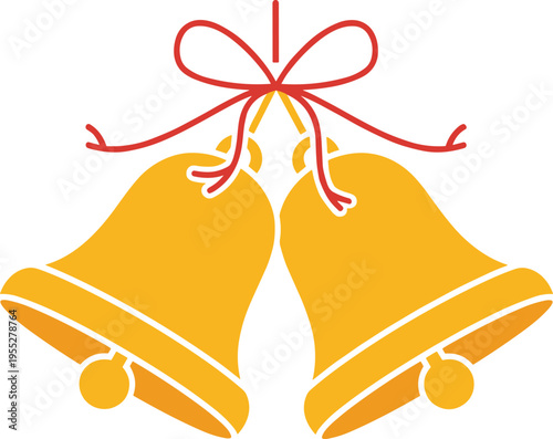 Solid silhouette vector Christmas bells, golden jingle bell icon with red bow, holiday celebration ornament, winter festive decoration sign.